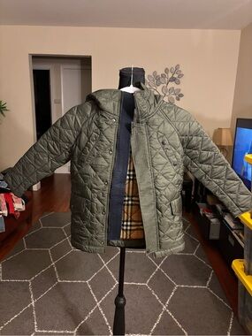 Burberry Quilted Olive Green Hooded Puffer Jacket with Check Lining